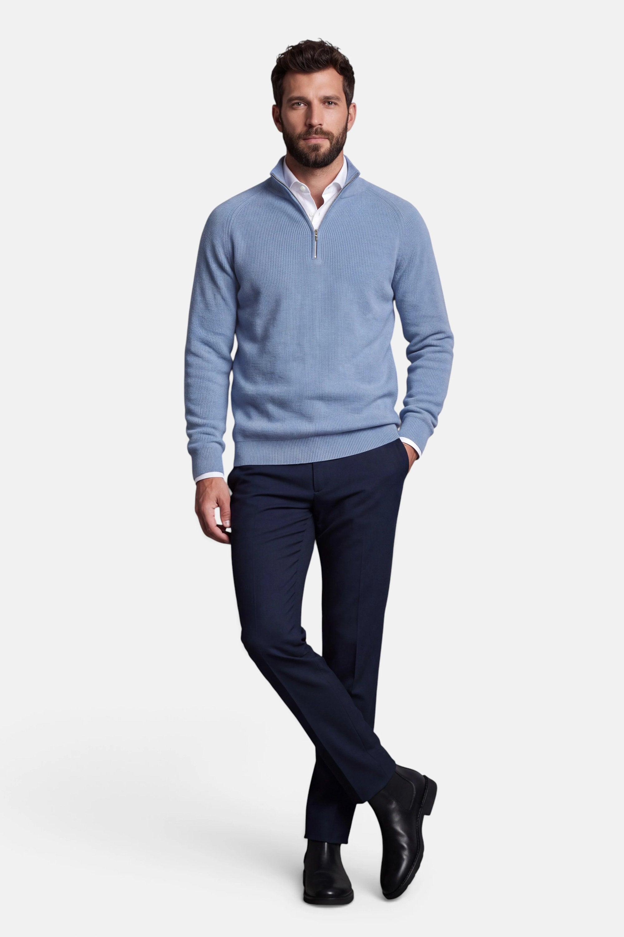 Half Zip - Cashmere Blend - Light Blue 2 Vercate - Quarter Zip / Half Zip Trui Heren - Lichtblauw - Cashmere Blend - Ribpatroon - Regular Fit