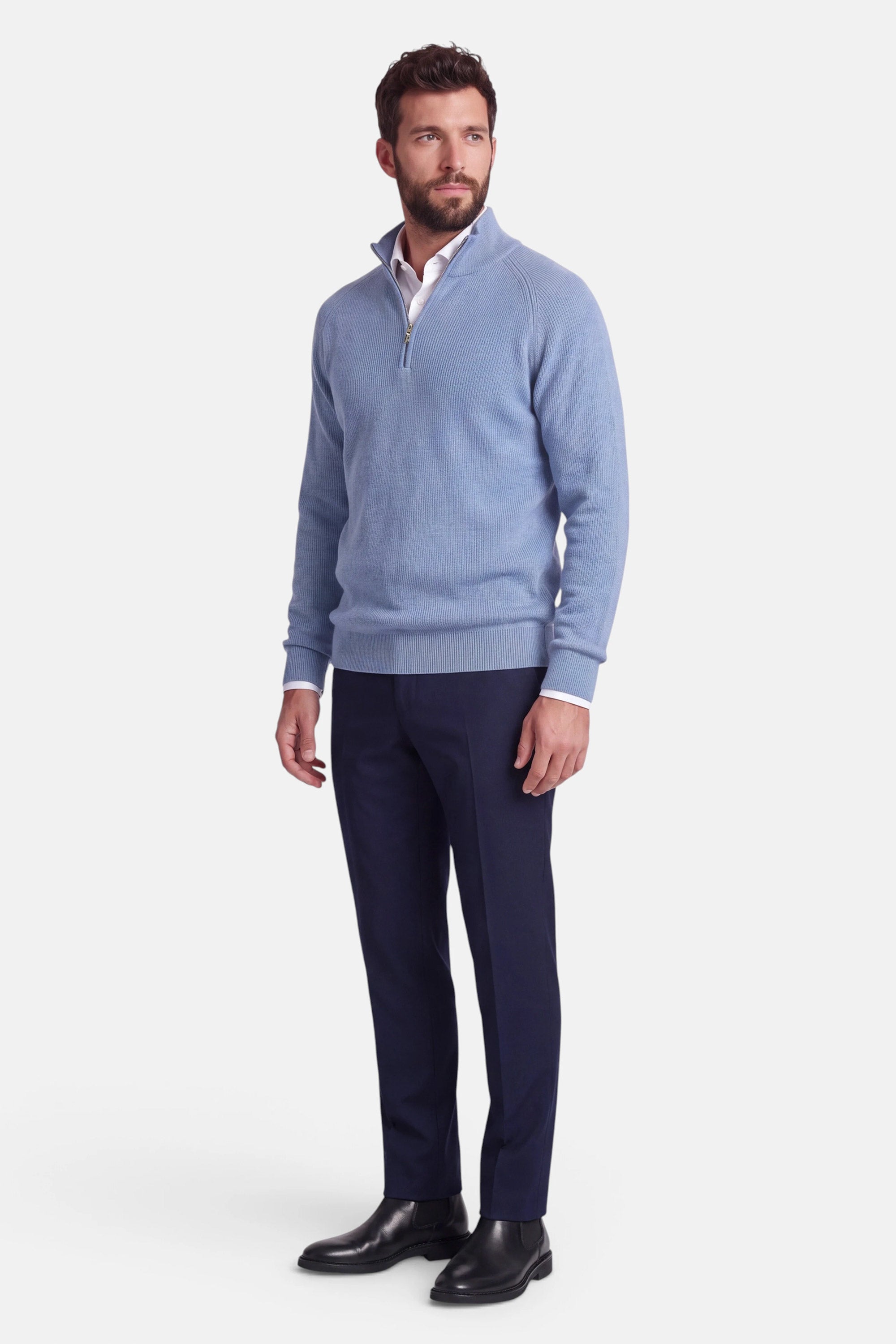 Half Zip - Cashmere Blend - Light Blue 3 Vercate - Quarter Zip / Half Zip Trui Heren - Lichtblauw - Cashmere Blend - Ribpatroon - Regular Fit