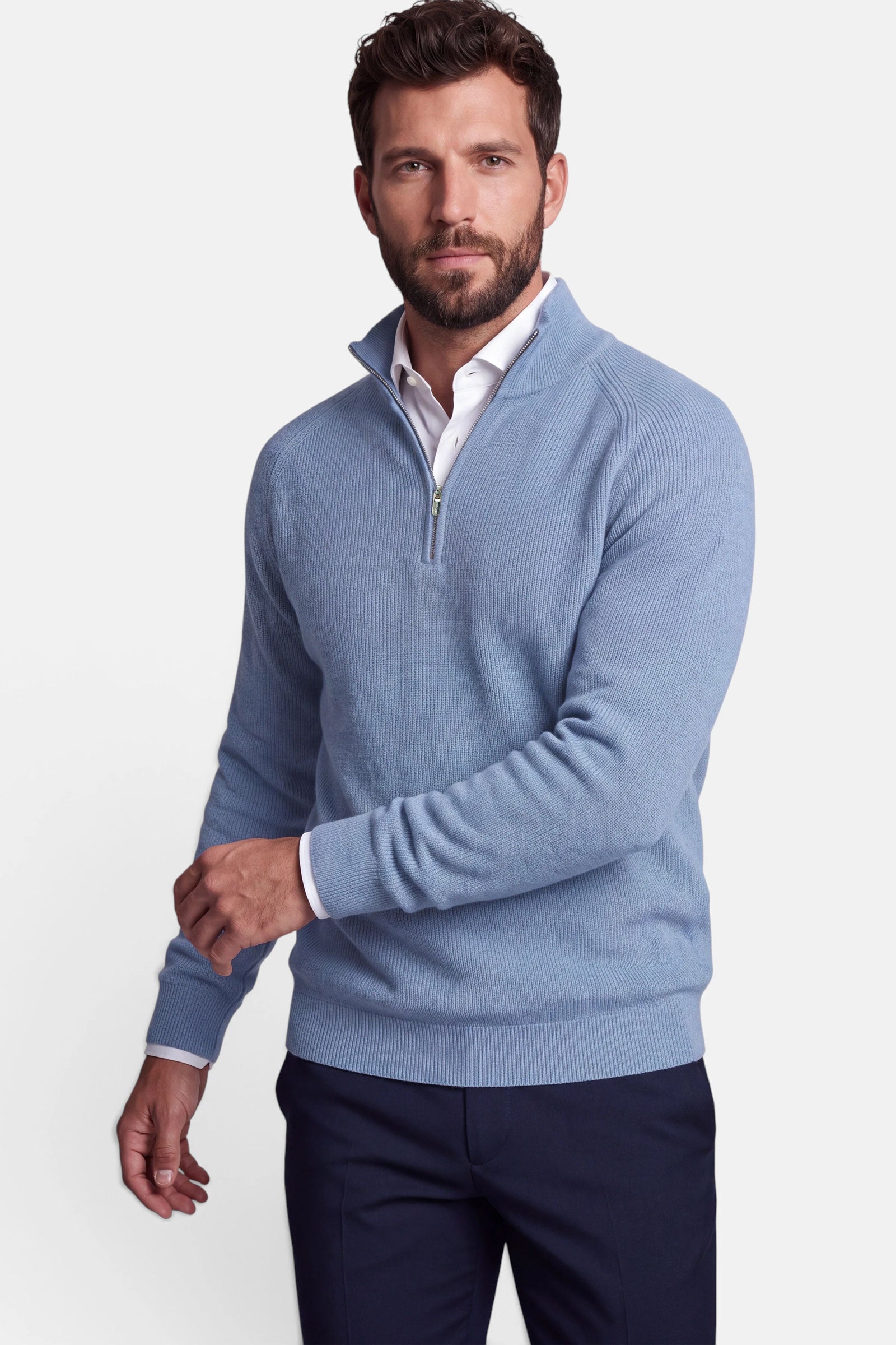 Half Zip - Cashmere Blend - Light Blue 5 Vercate - Quarter Zip / Half Zip Trui Heren - Lichtblauw - Cashmere Blend - Ribpatroon - Regular Fit