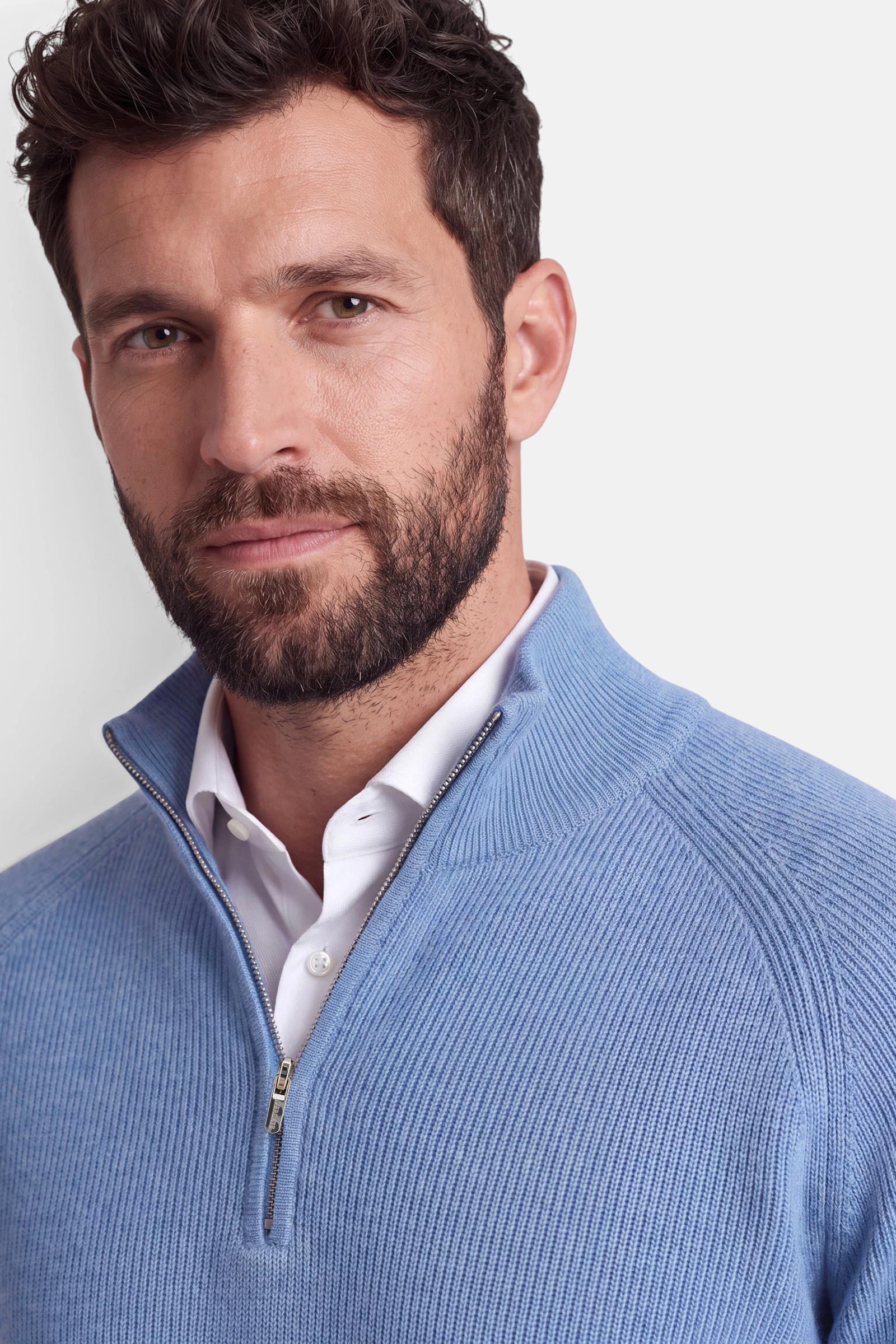 Half Zip - Cashmere Blend - Light Blue 6 Vercate - Quarter Zip / Half Zip Trui Heren - Lichtblauw - Cashmere Blend - Ribpatroon - Regular Fit