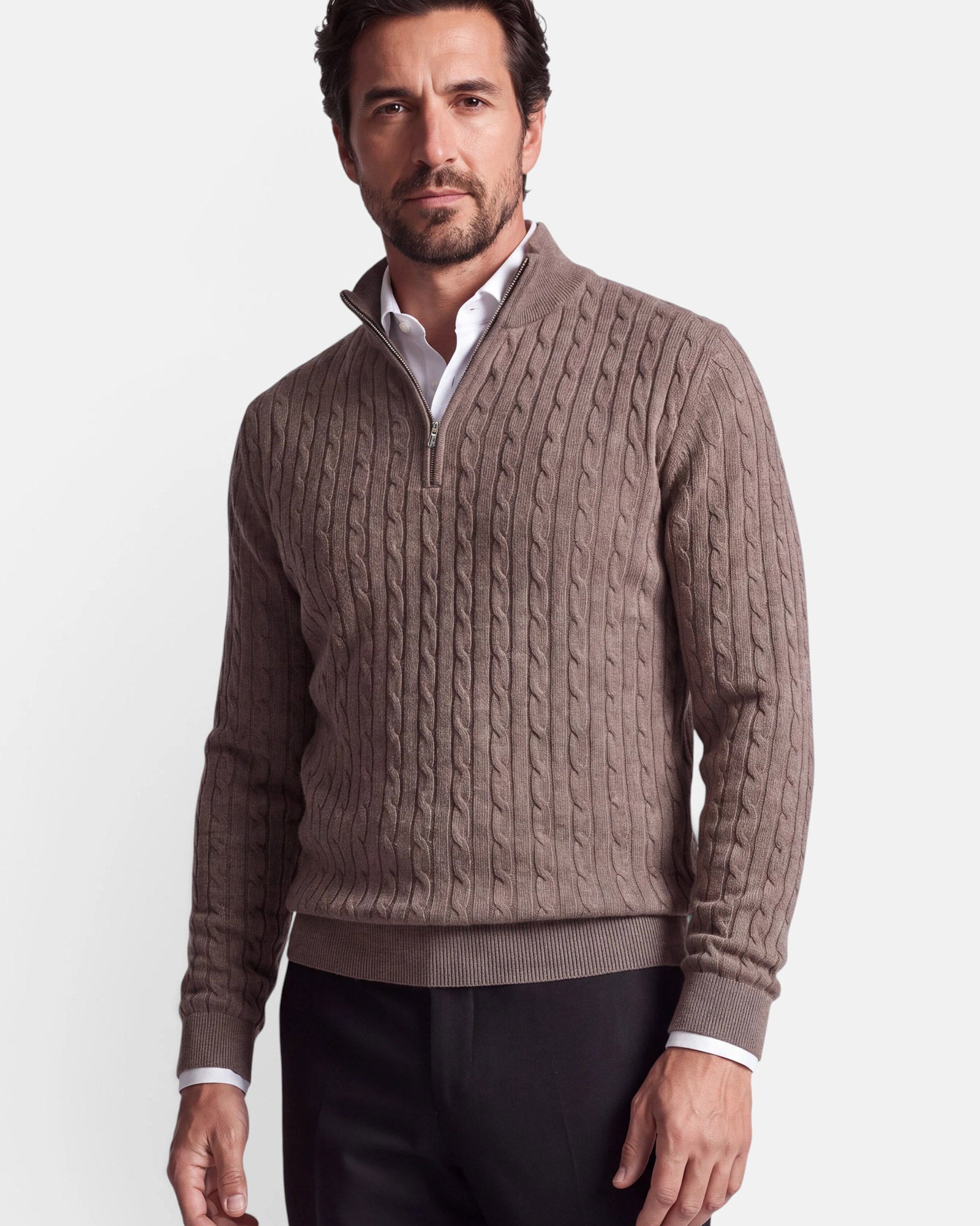 Vercate - Quarter Zip / Half Zip Trui Heren - Taupe / Bruin - Cashmere Blend - Kabeltrui / Pullover - Regular Fit