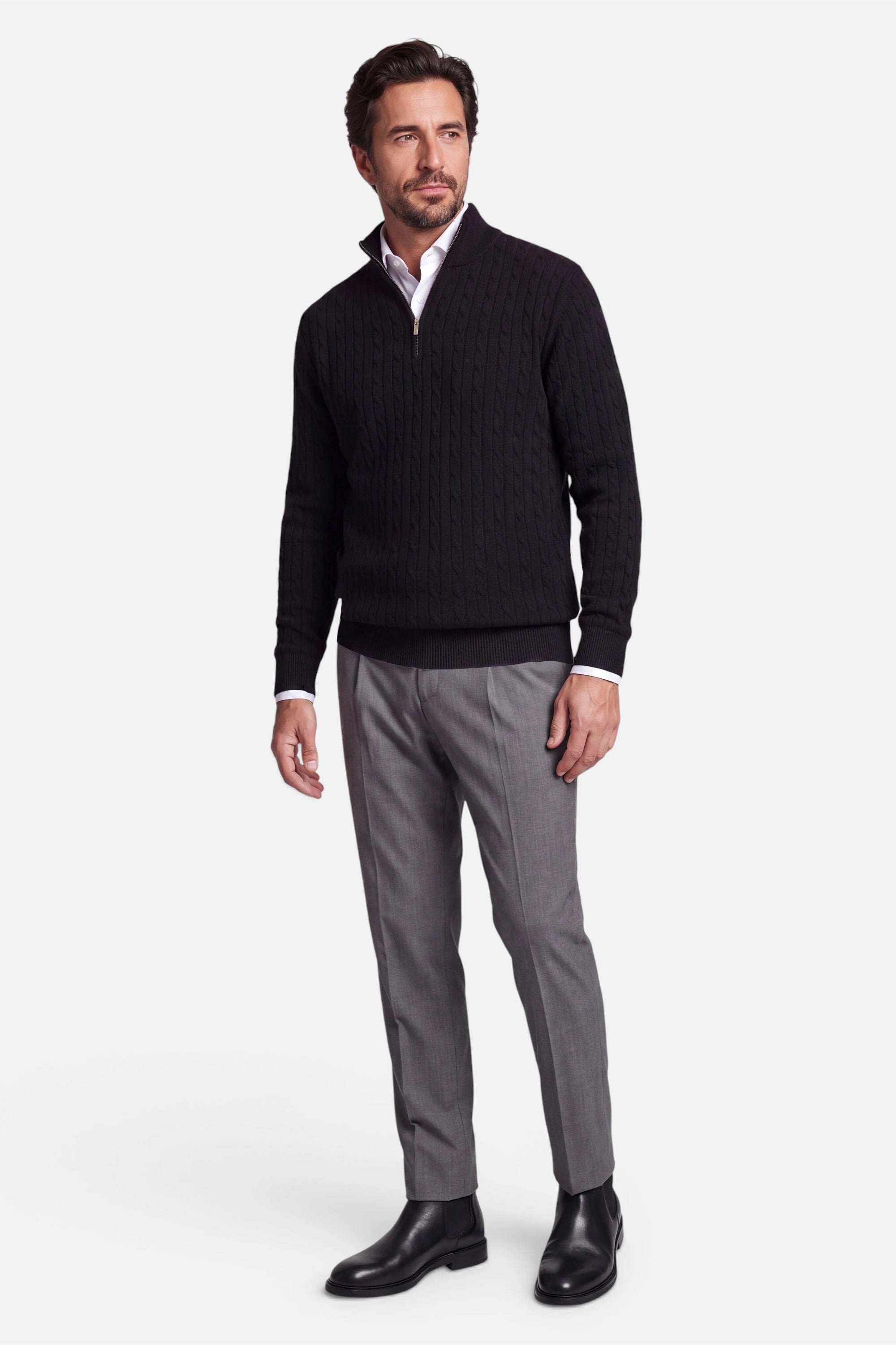 Half Zip - Cashmere Blend - Black 3 Vercate - Quarter Zip / Half Zip Trui Heren - Zwart - Cashmere Blend - Kabeltrui / Pullover - Regular Fit
