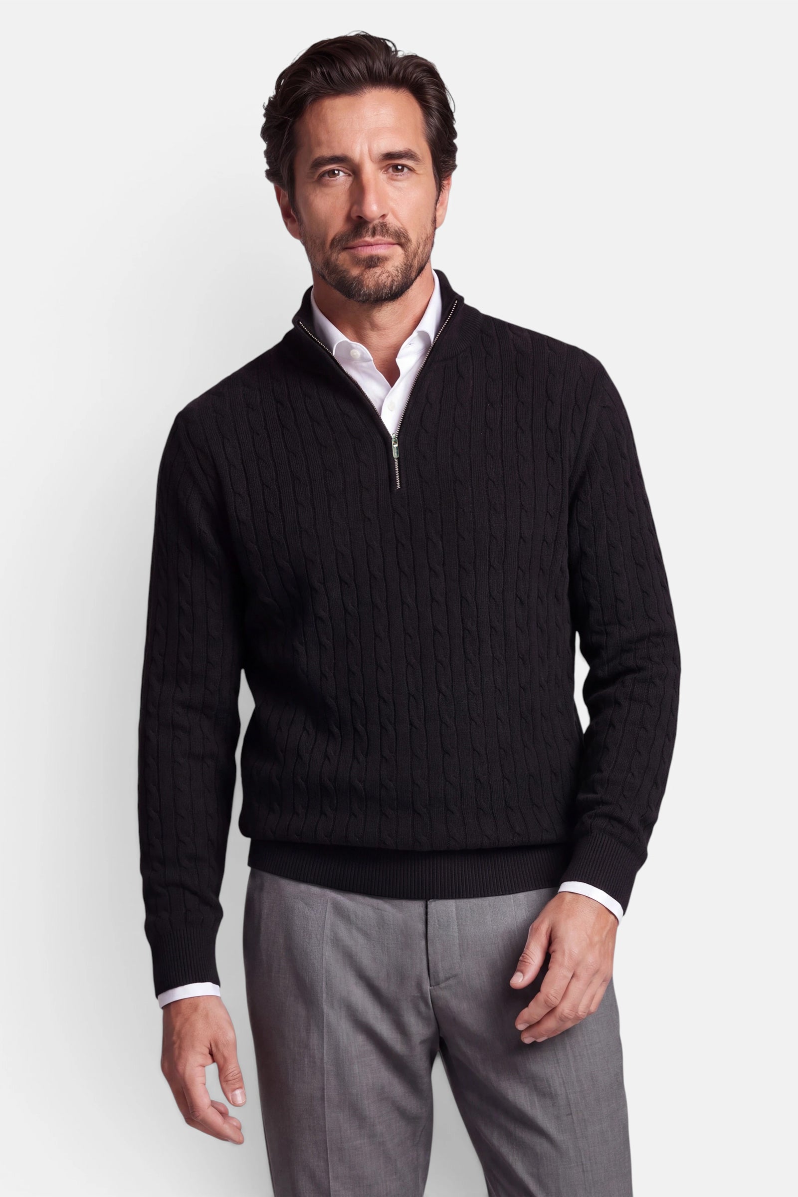 Half Zip - Cashmere Blend - Black 1 Vercate - Quarter Zip / Half Zip Trui Heren - Zwart - Cashmere Blend - Kabeltrui / Pullover - Regular Fit