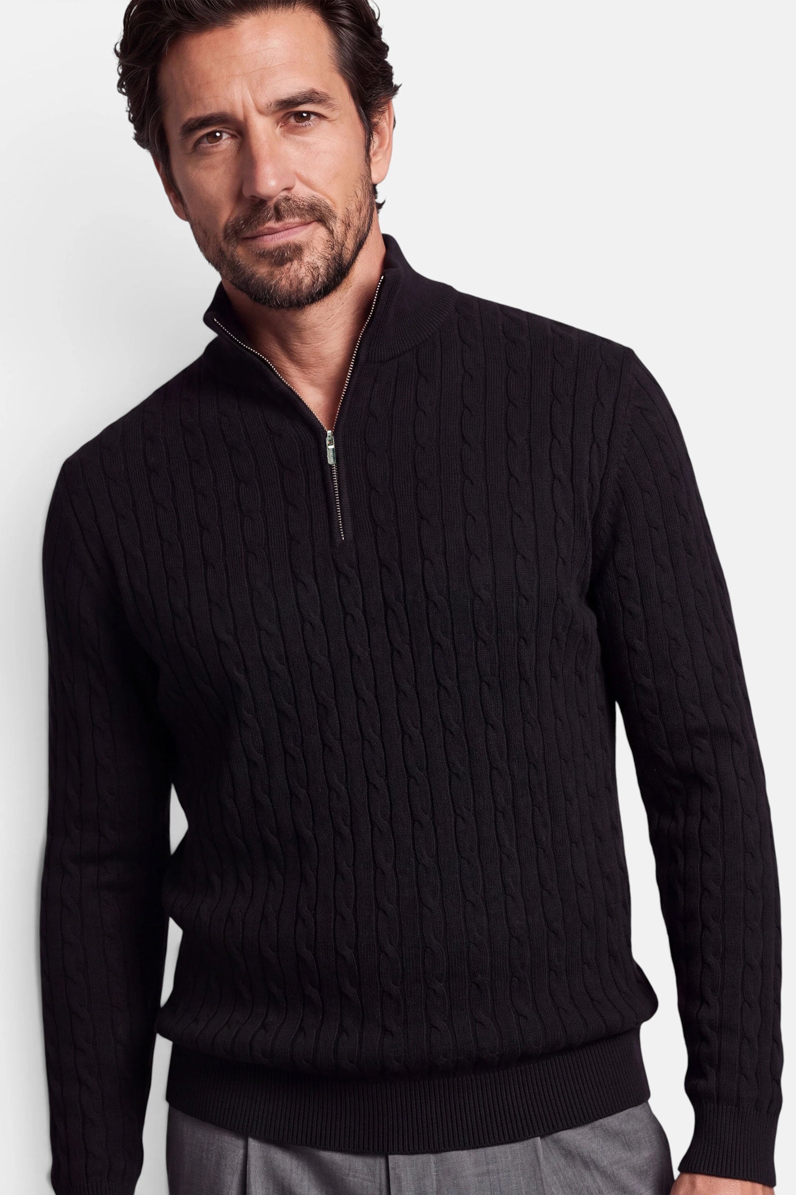 Half Zip - Cashmere Blend - Black 6 Vercate - Quarter Zip / Half Zip Trui Heren - Zwart - Cashmere Blend - Kabeltrui / Pullover - Regular Fit