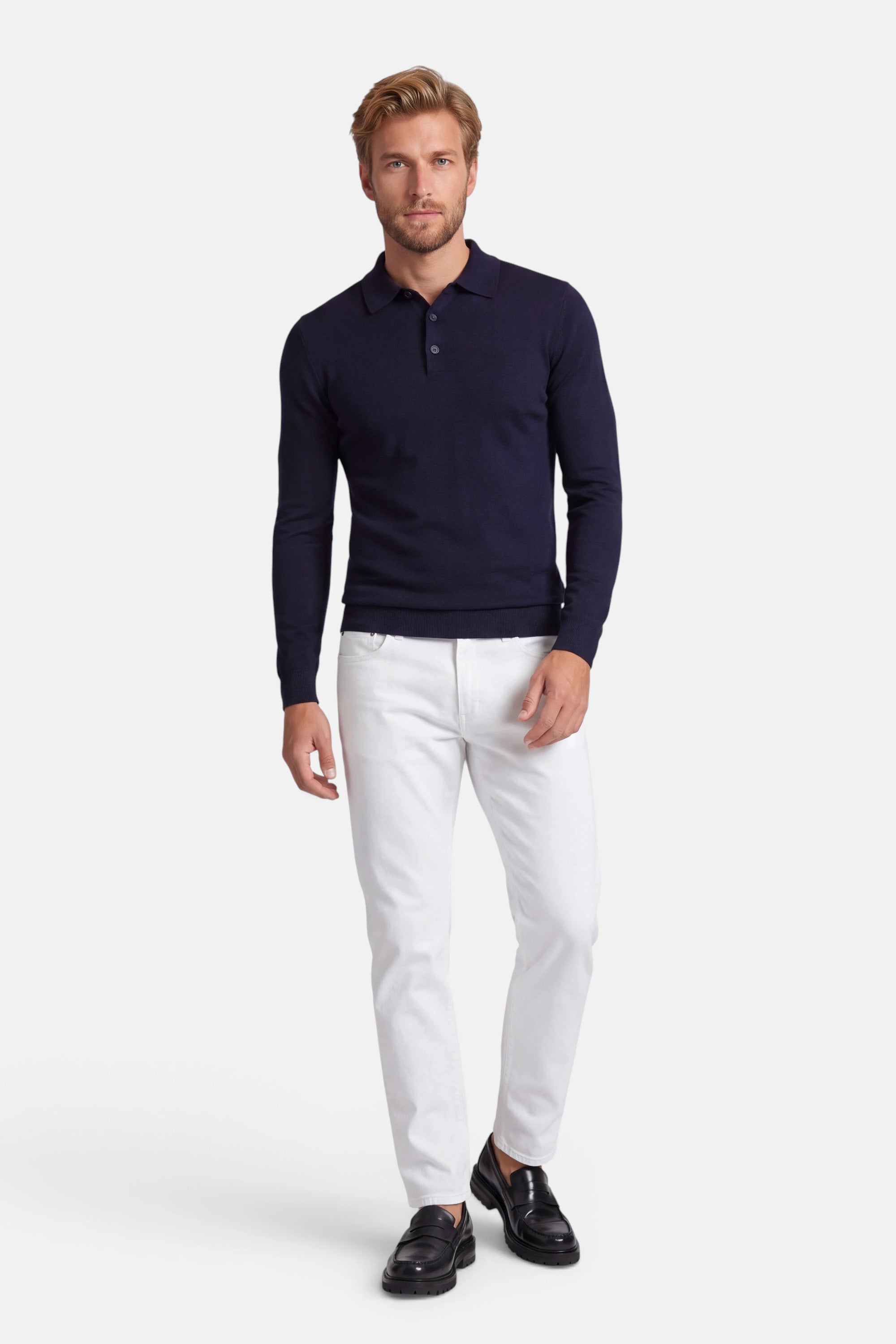 Poloshirt - Cashmere Blend - Navy 2 Vercate - Polo Shirt Heren Lange Mouw - Navy / Marine Blauw - Cashmere Blend - Regular Fit