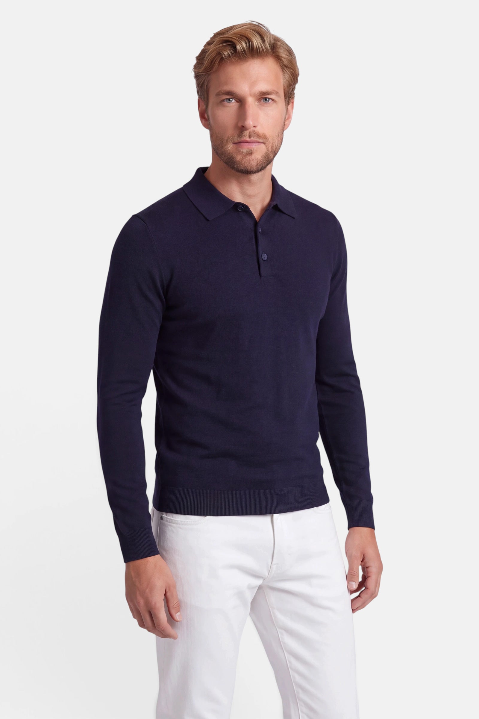 Poloshirt - Cashmere Blend - Navy 3 Vercate - Polo Shirt Heren Lange Mouw - Navy / Marine Blauw - Cashmere Blend - Regular Fit