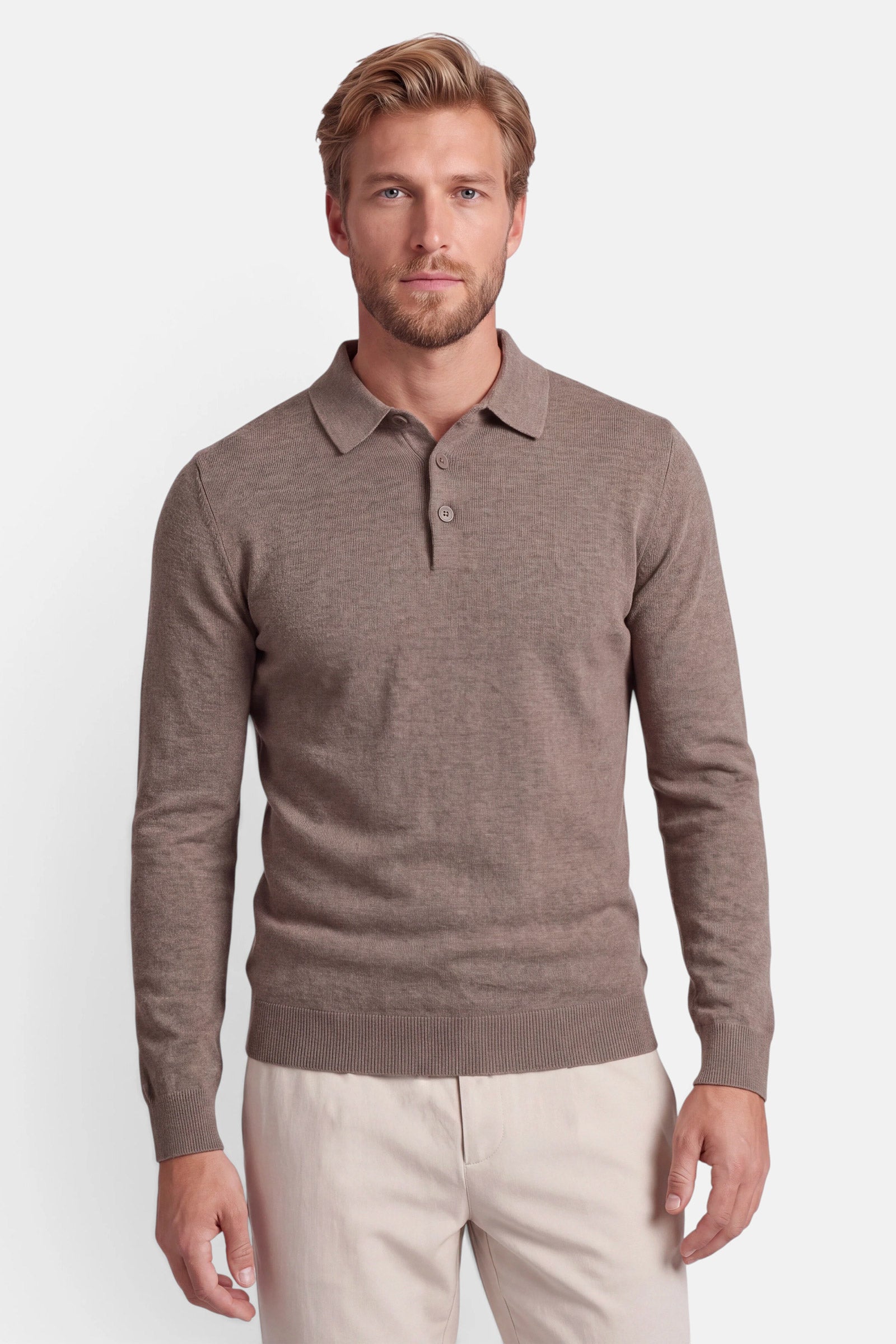 Poloshirt - Cashmere Blend - Taupe 4 Vercate - Polo Shirt Heren Lange Mouw - Taupe / Bruin - Cashmere Blend - Regular Fit