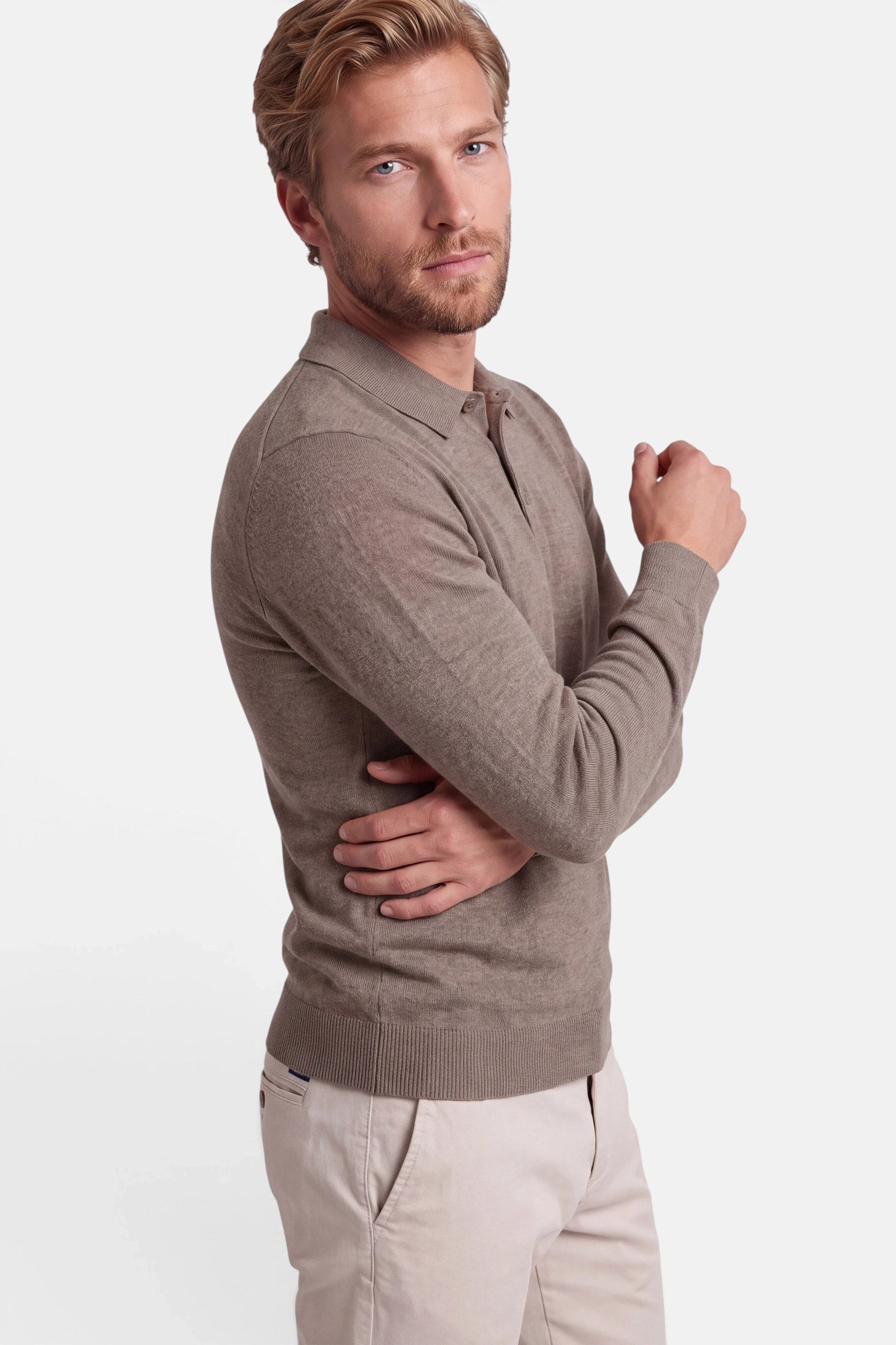 Poloshirt - Cashmere Blend - Taupe 5 Vercate - Polo Shirt Heren Lange Mouw - Taupe / Bruin - Cashmere Blend - Regular Fit