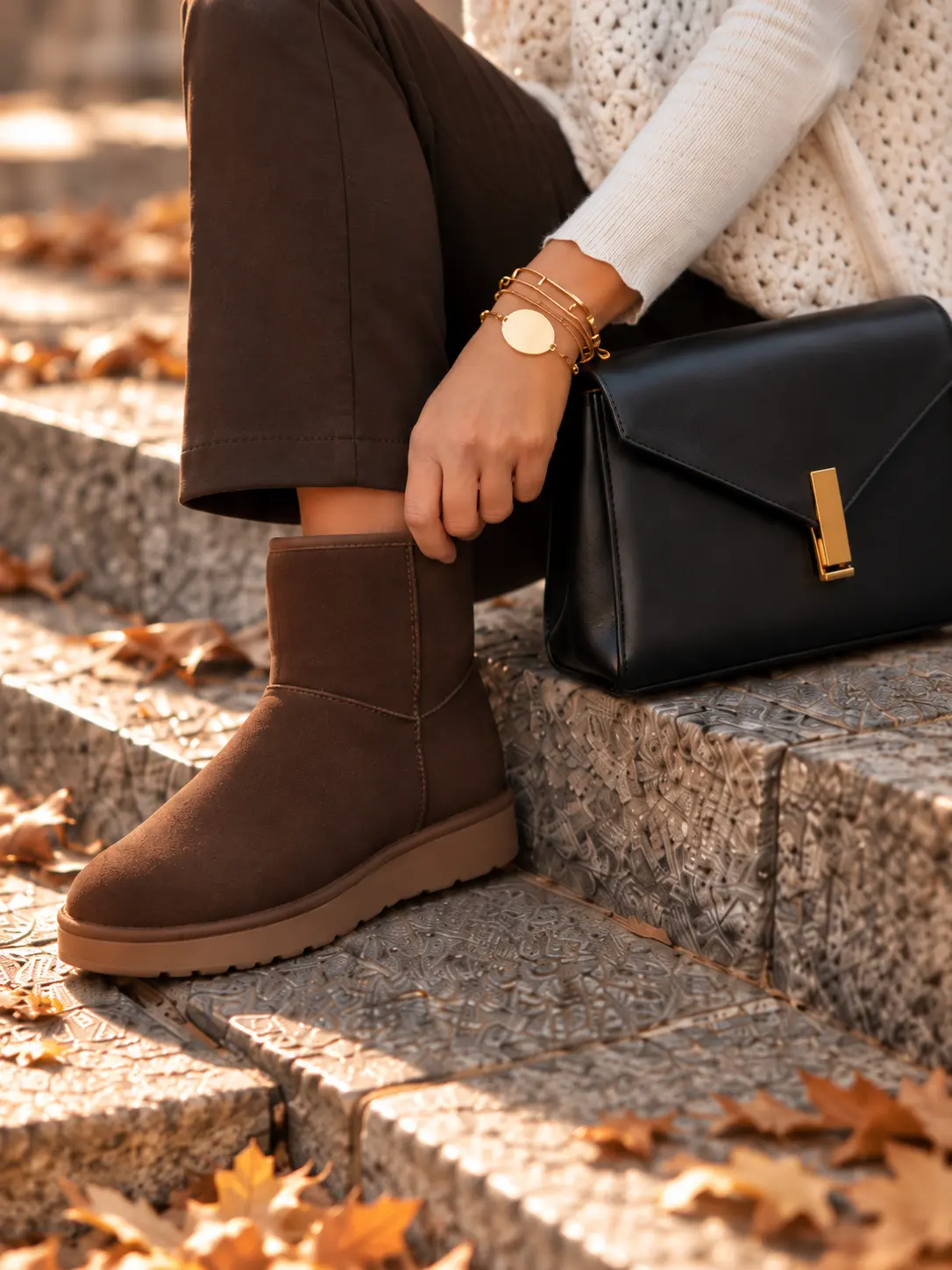Close-up of brown winter boots, brown trousers, layered gold bracelets and a black apple leather bag