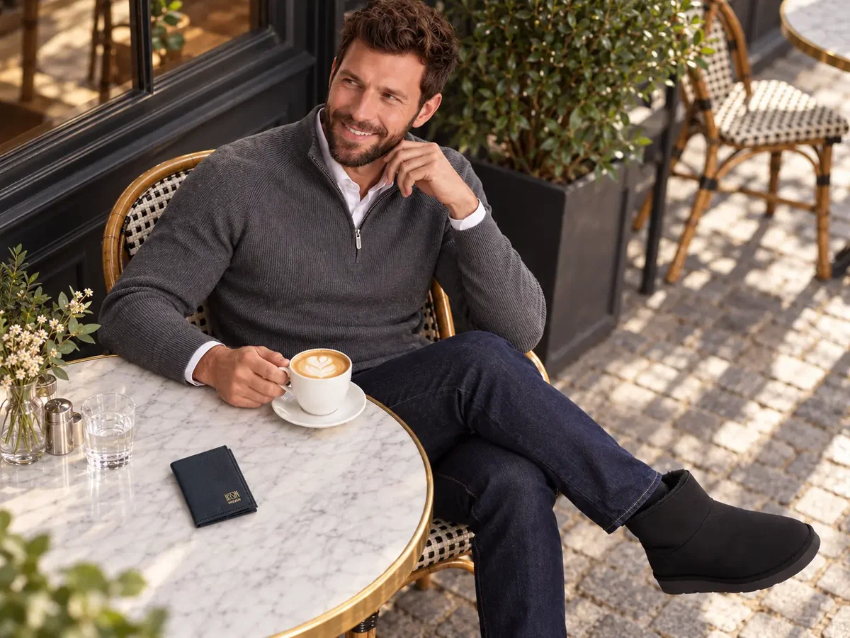 Man in a dark grey ribbed half zip over a white twill shirt with black vegan boots
