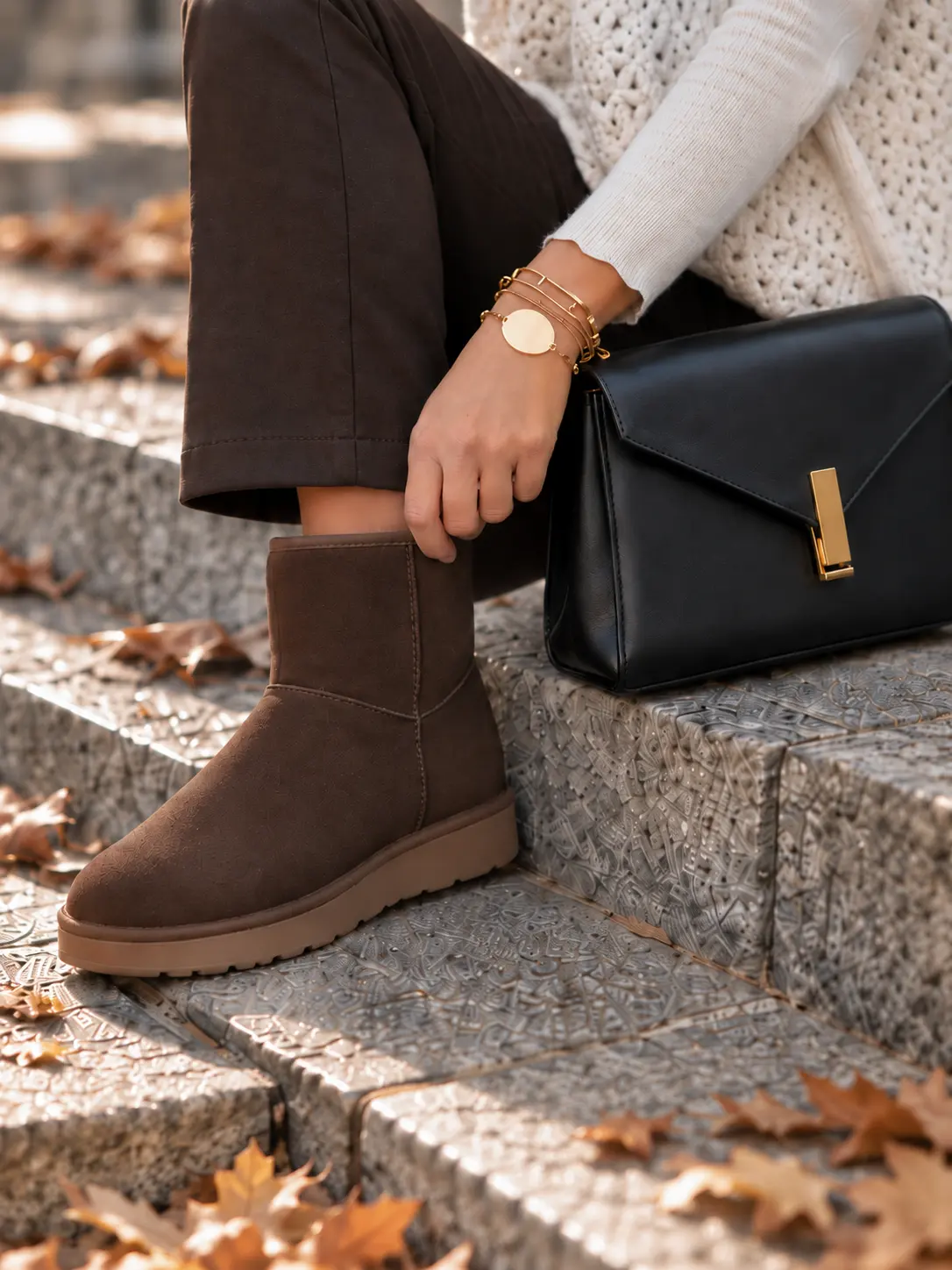 Close-up of brown winter boots, brown trousers, layered gold bracelets and a black apple leather bag